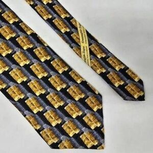 ERMENEGILDO ZEGNA EXCLUSIVE DESIGN SILK TIE GOLD BLUE GEOMETRIC TEXTURED 4"